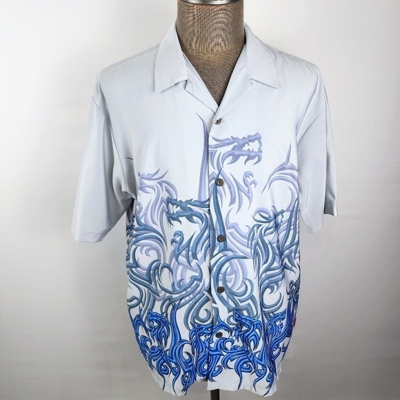 PINEAPPLE CONNECTION- Mystic Origins Mens Large Camp Shirt Dragon Flames- Gray - Picture 1 of 7